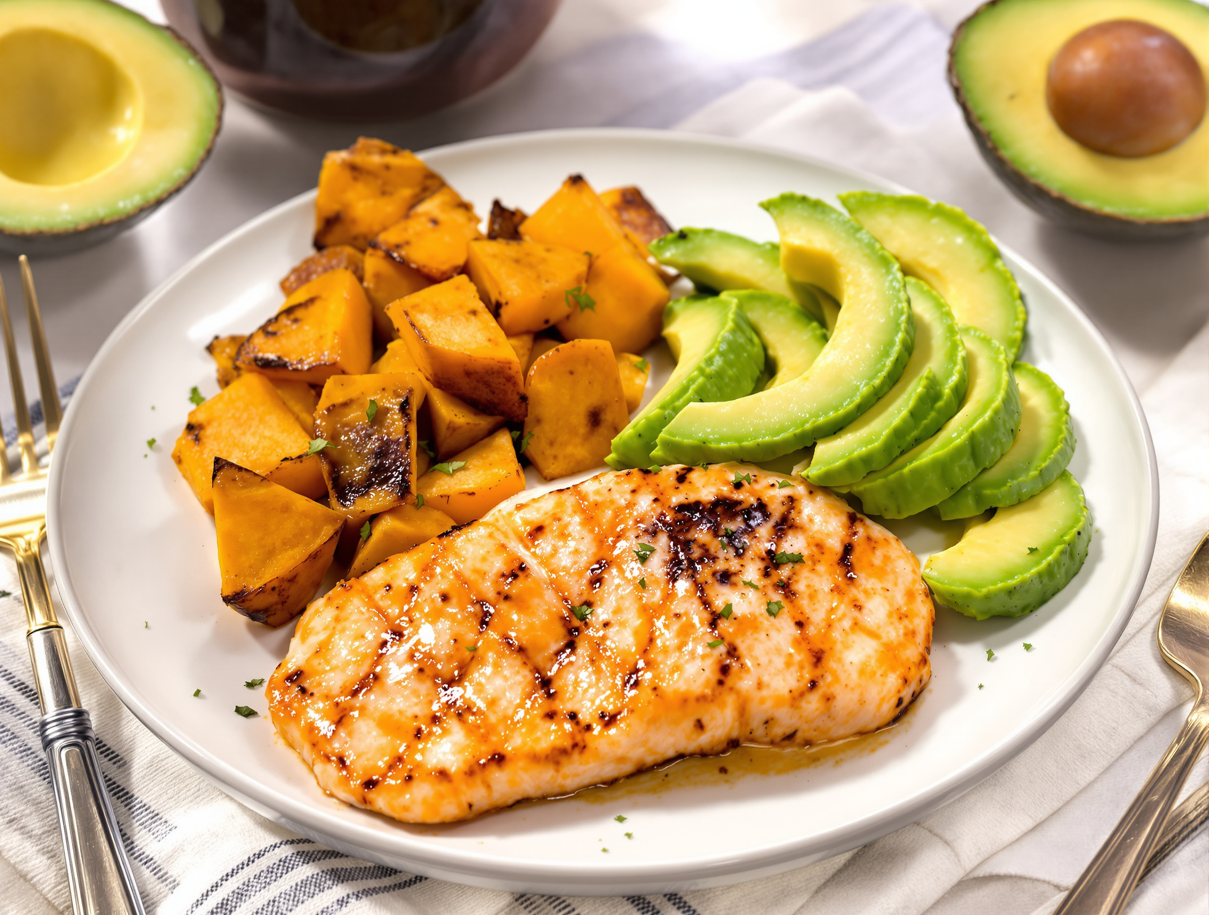 Assiette prise de masse efficace avec saumon patate douce avocat