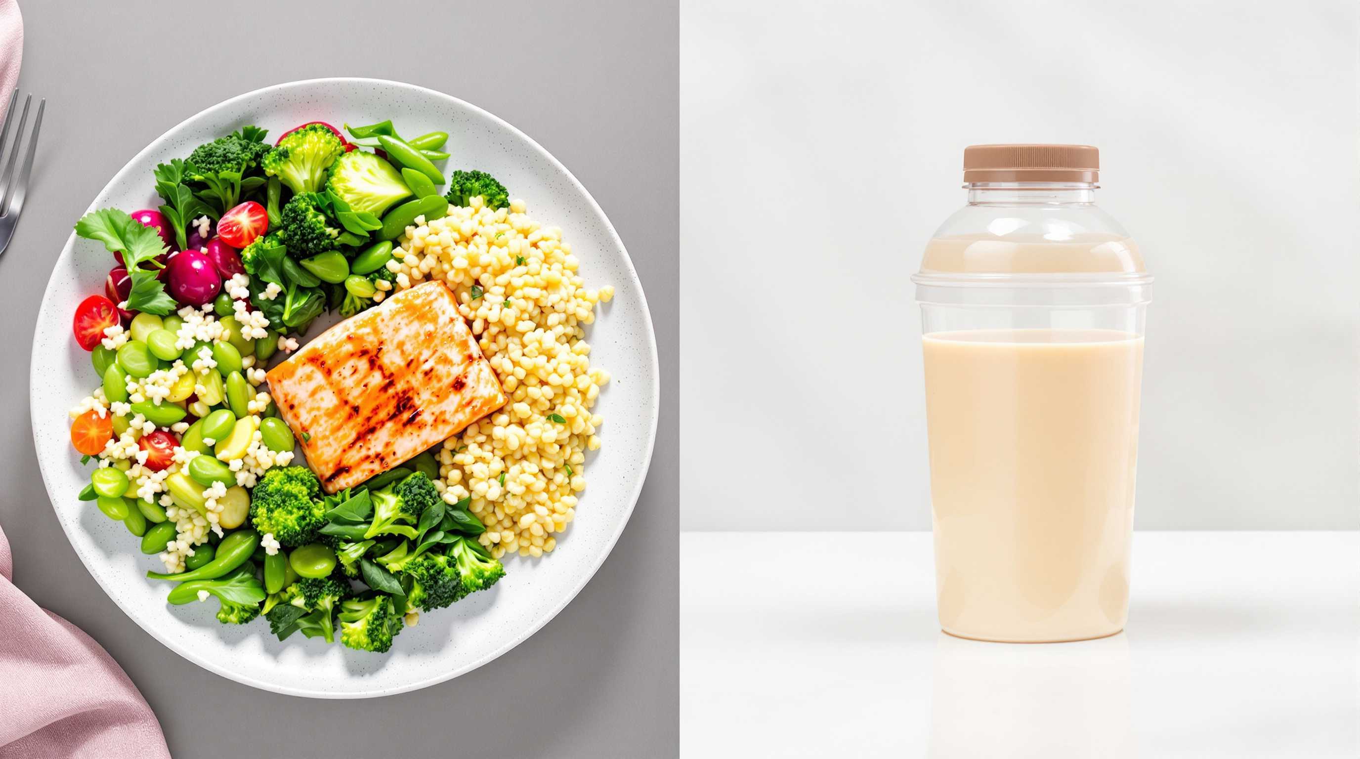 Assiette équilibrée riche en protéines (saumon, quinoa, légumes) posée à côté d'un shaker : nutrition solide vs complément.