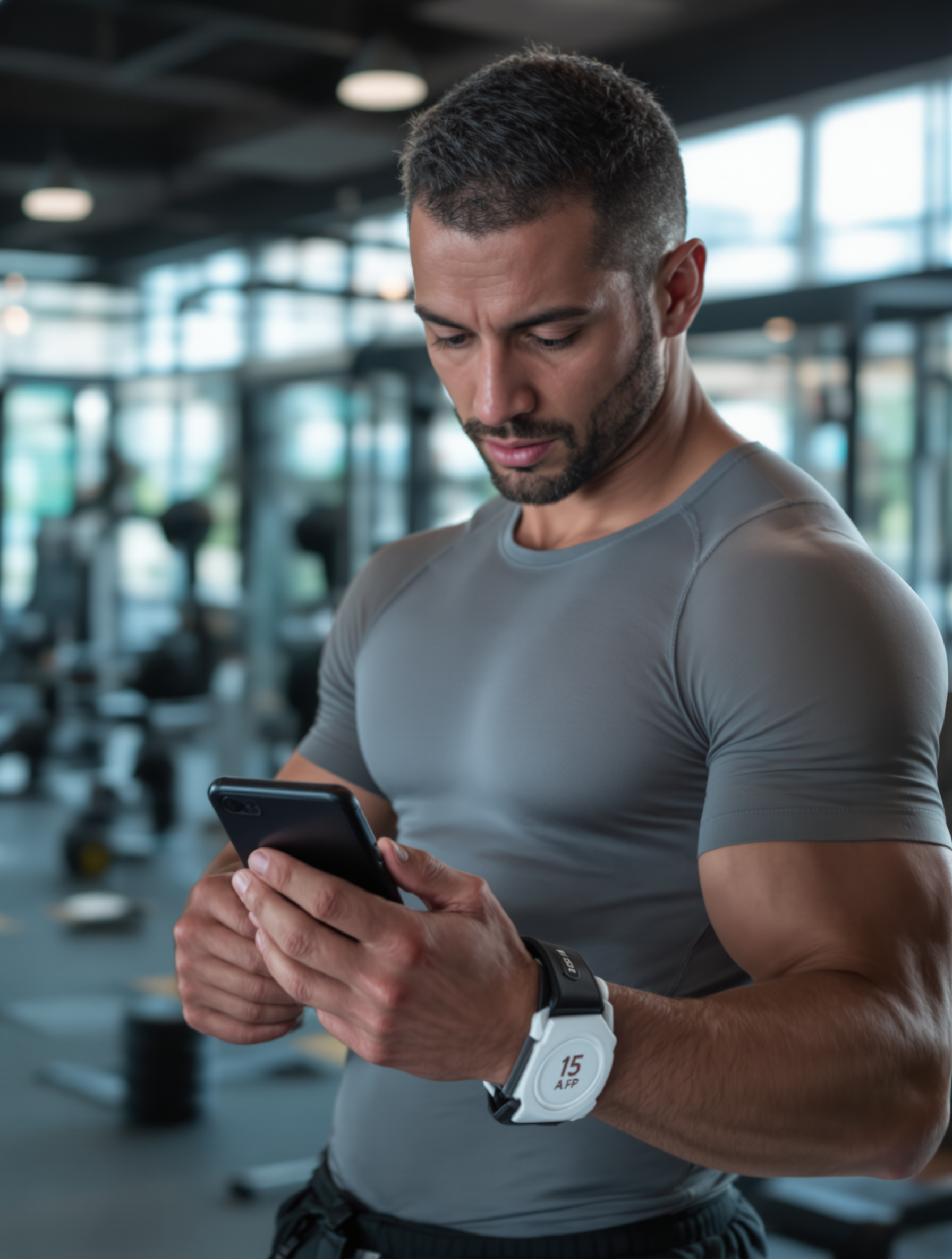 Un athlète concentré consultant son smartphone avec une application de suivi d'entraînement avant de commencer une série. L'image transmet l'idée de planification et d'analyse.