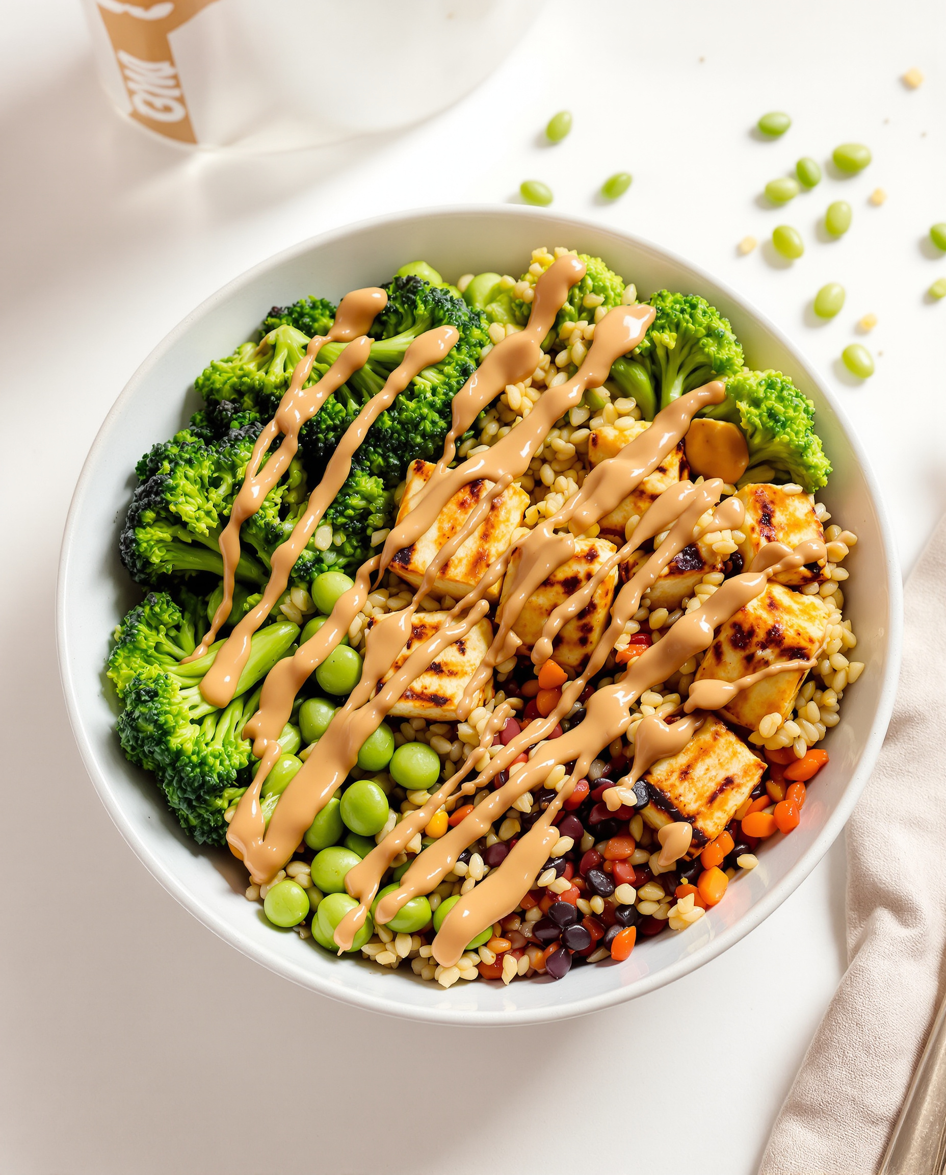 Bol repas vegan prise de masse tofu quinoa lentilles edamames brocoli sauce cacahuète