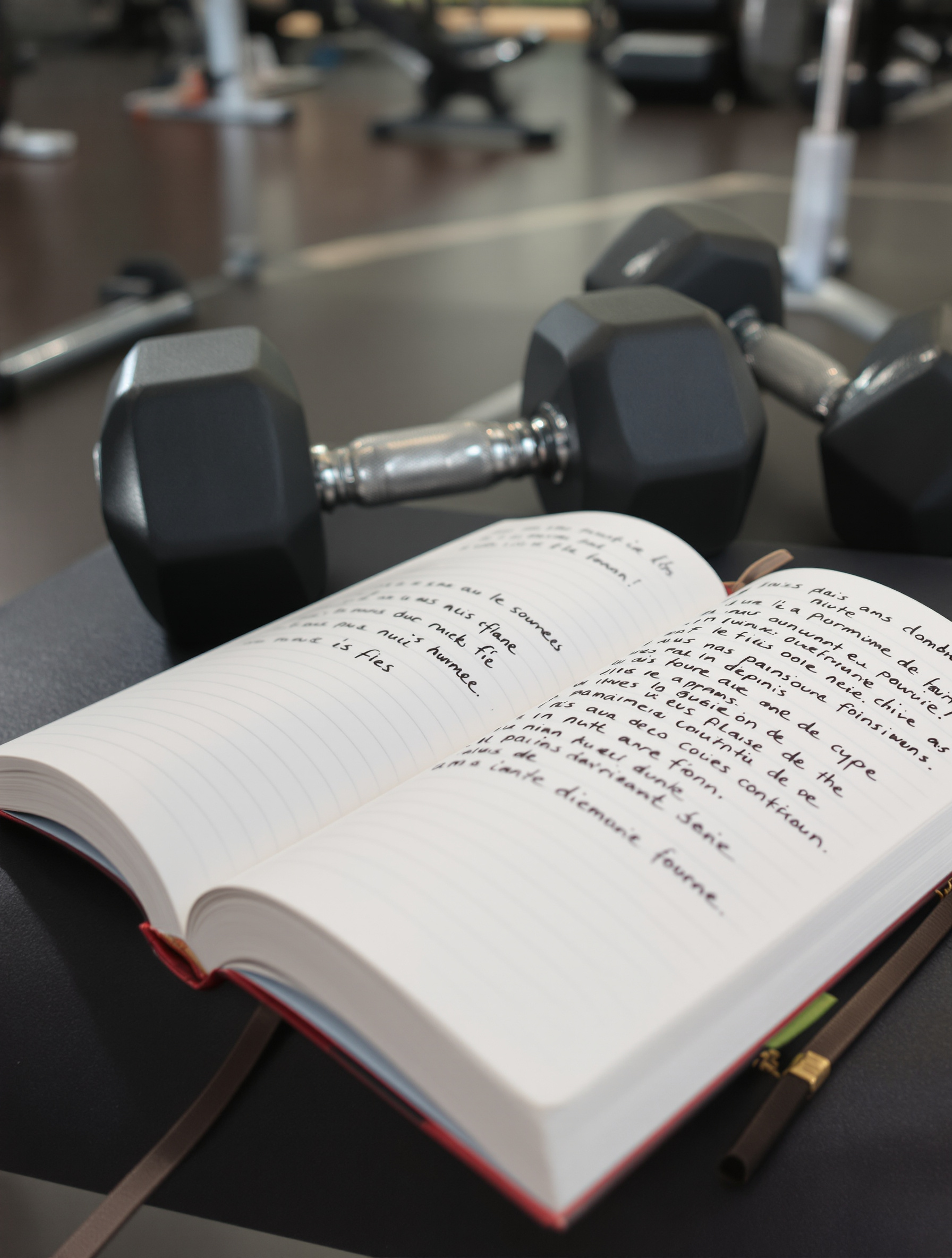 Un carnet d'entraînement papier ouvert sur un banc de musculation avec des haltères en arrière-plan.