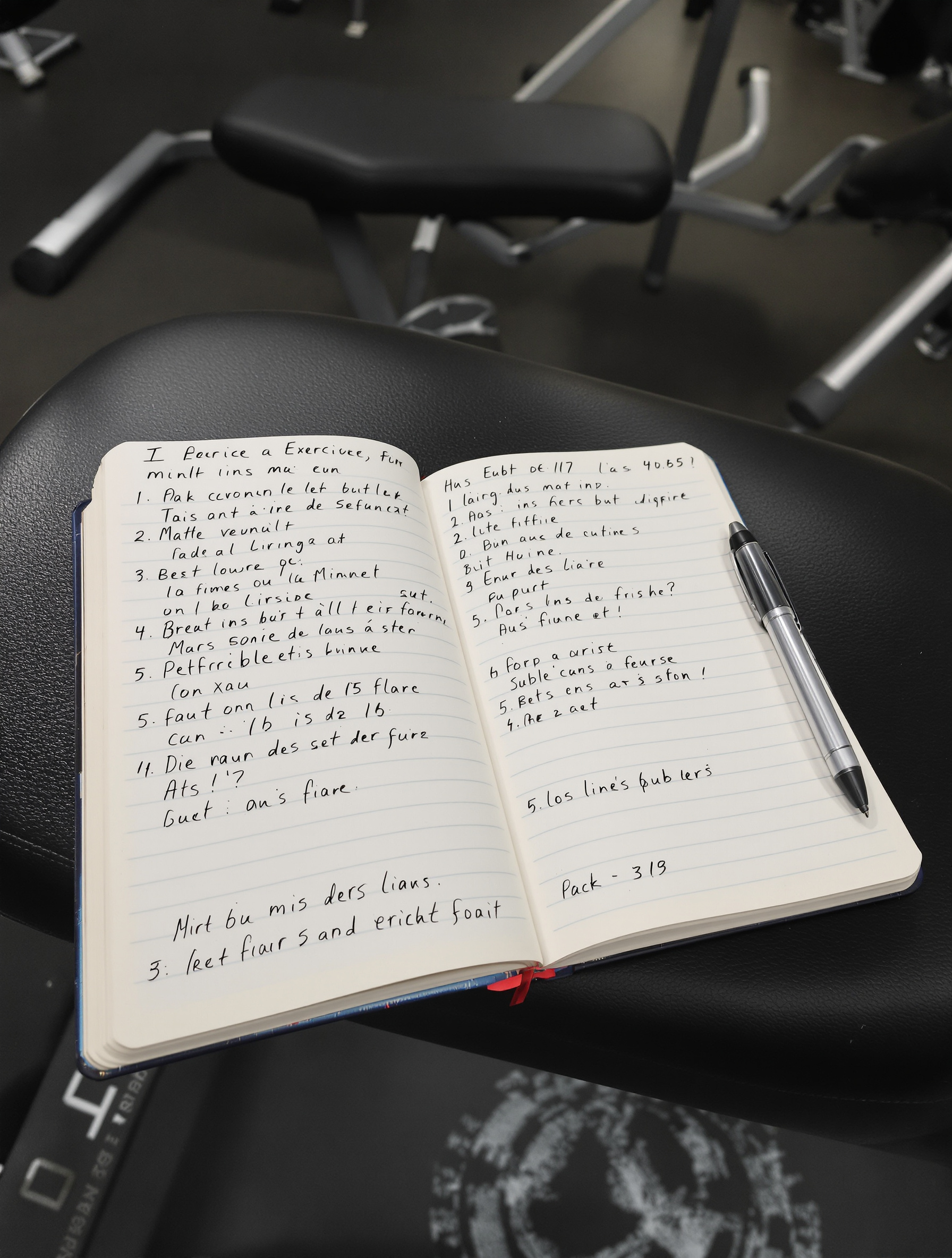 Carnet d'entraînement musculation authentique posé sur un banc