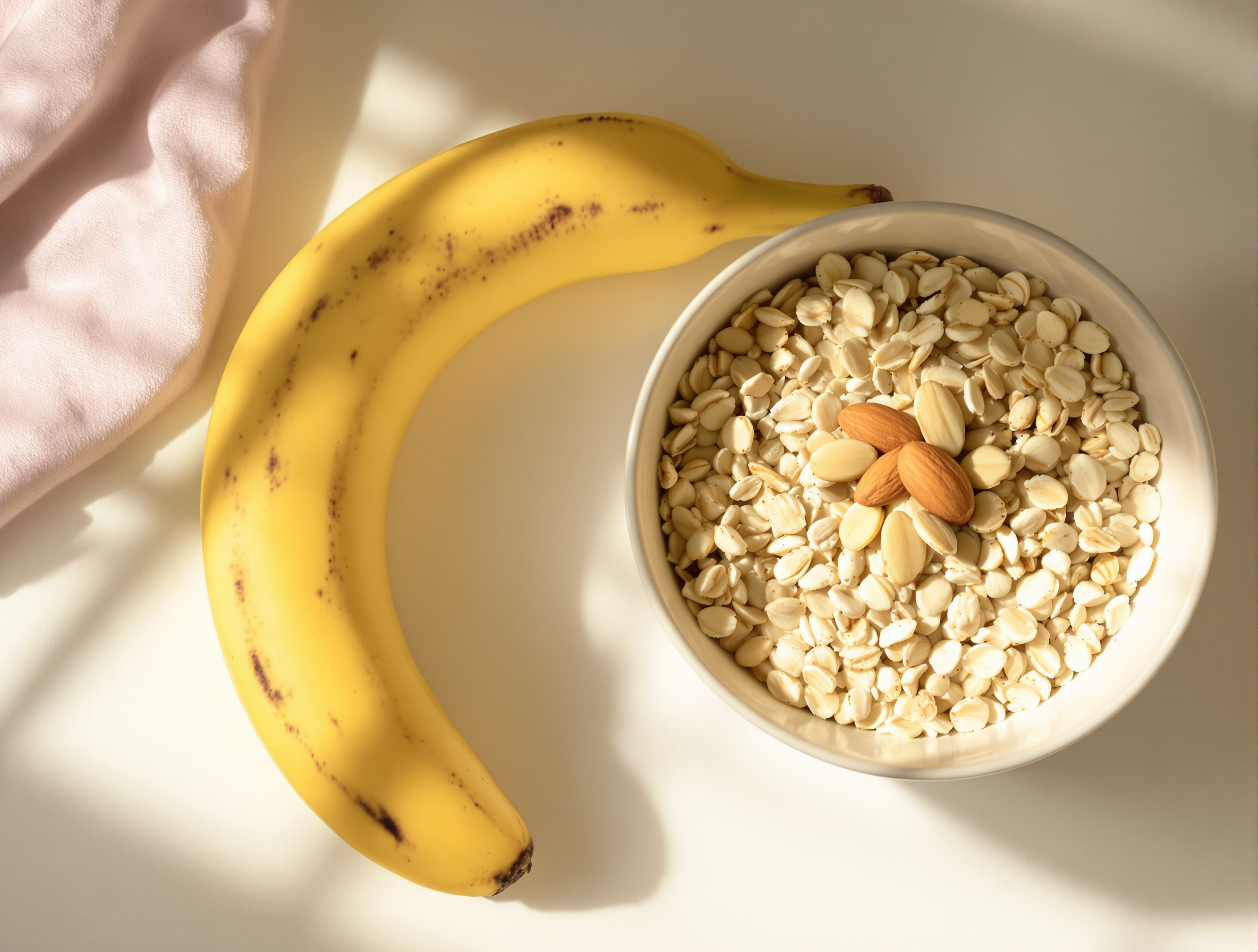Collation pré-entraînement simple : banane, bol de flocons d'avoine et quelques amandes