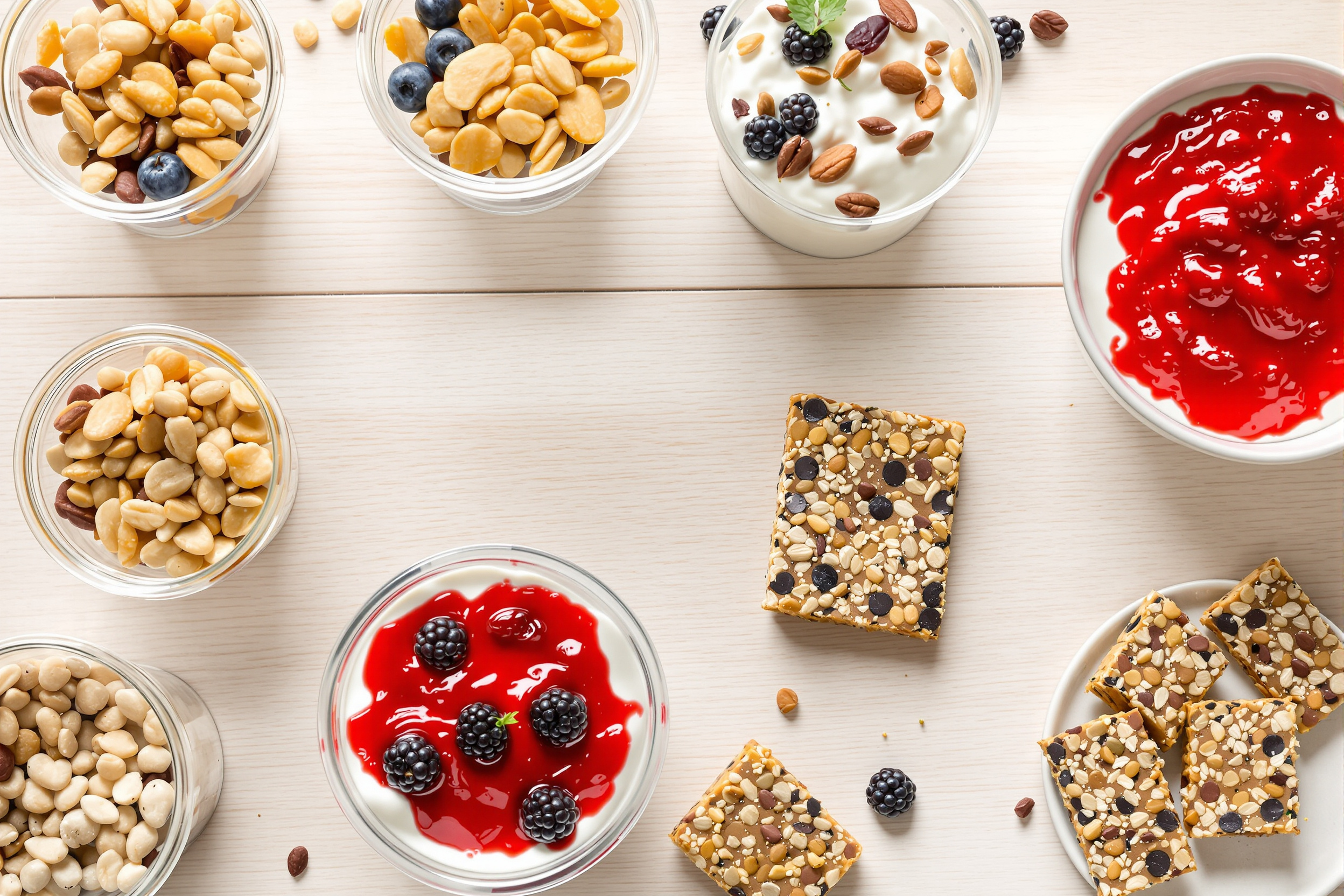 Collations healthy prêtes à l'emploi : mélanges noix/fruits secs, yaourts grecs aux fruits rouges, barres protéinées maison.