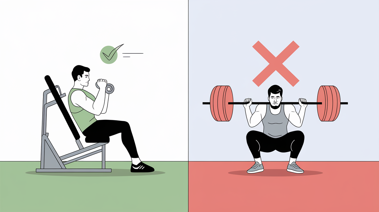 Comparatif sécurité échec musculaire : curl biceps machine = coche verte / squat barre libre = croix rouge