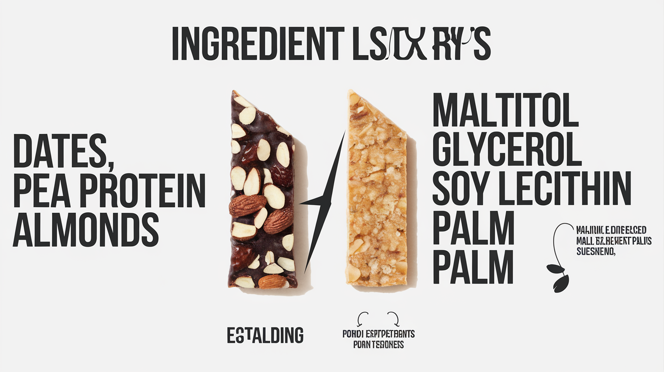 Comparaison visuelle entre une liste courte d'ingrédients naturels et une liste industrielle longue avec additifs surlignés.