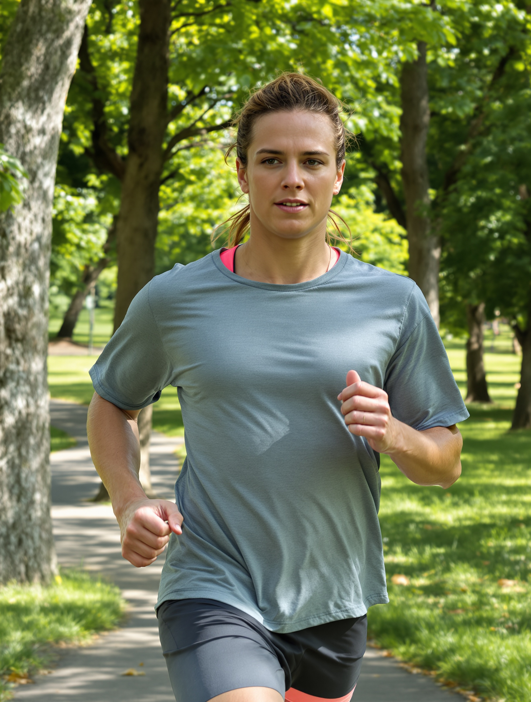 Coureur effectuant un footing lent dans un parc lors d'une récupération active.
