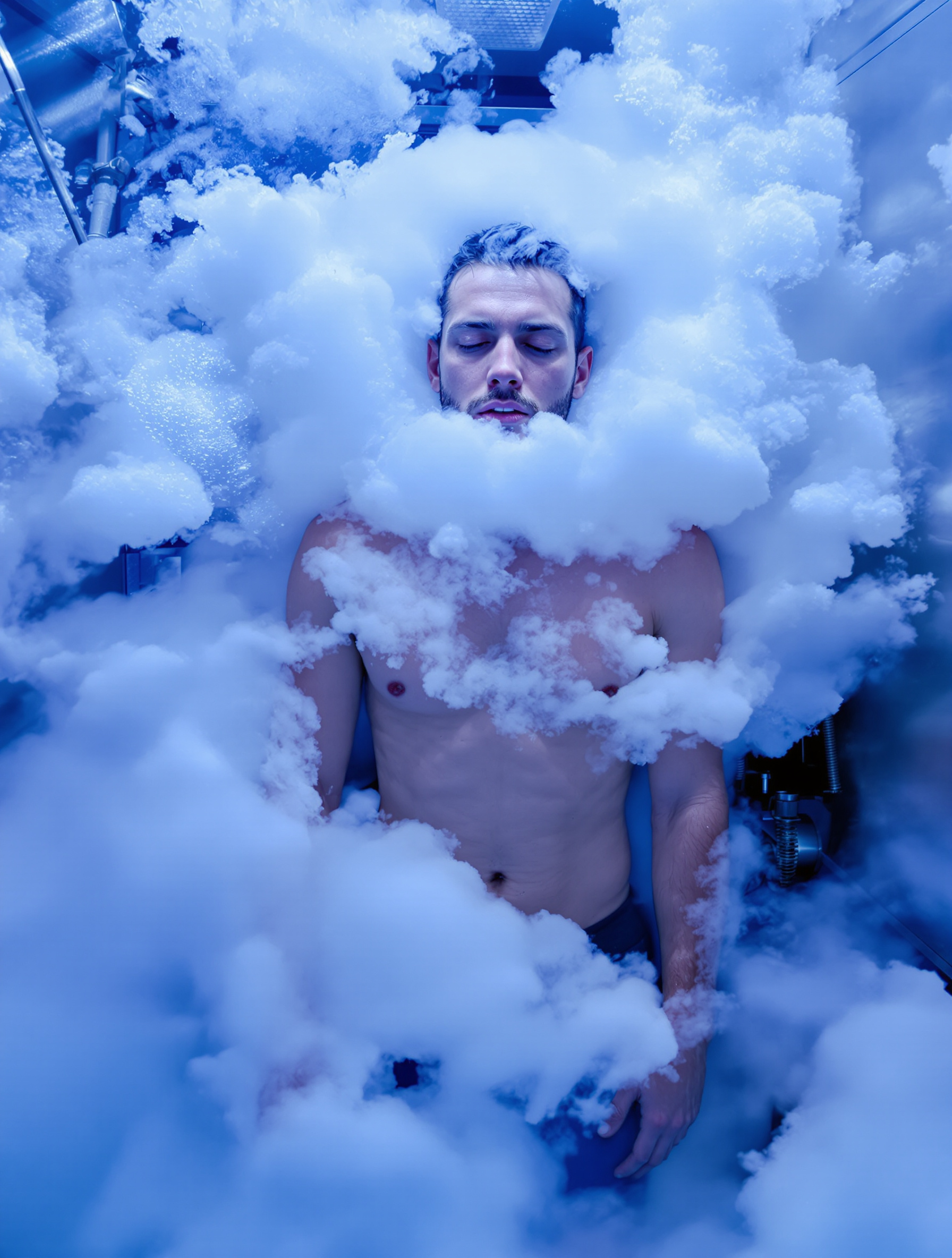 Personne en séance de cryothérapie corps entier dans une cabine aux vapeurs d'azote liquide.