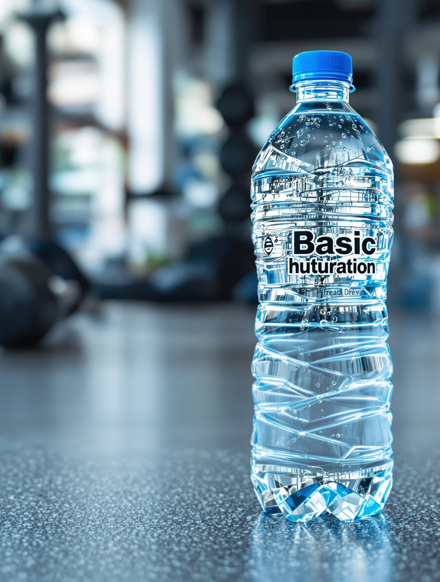 Gourde transparente remplie d'eau fraîche posée sur le sol d'une salle de sport avec poids en arrière-plan.