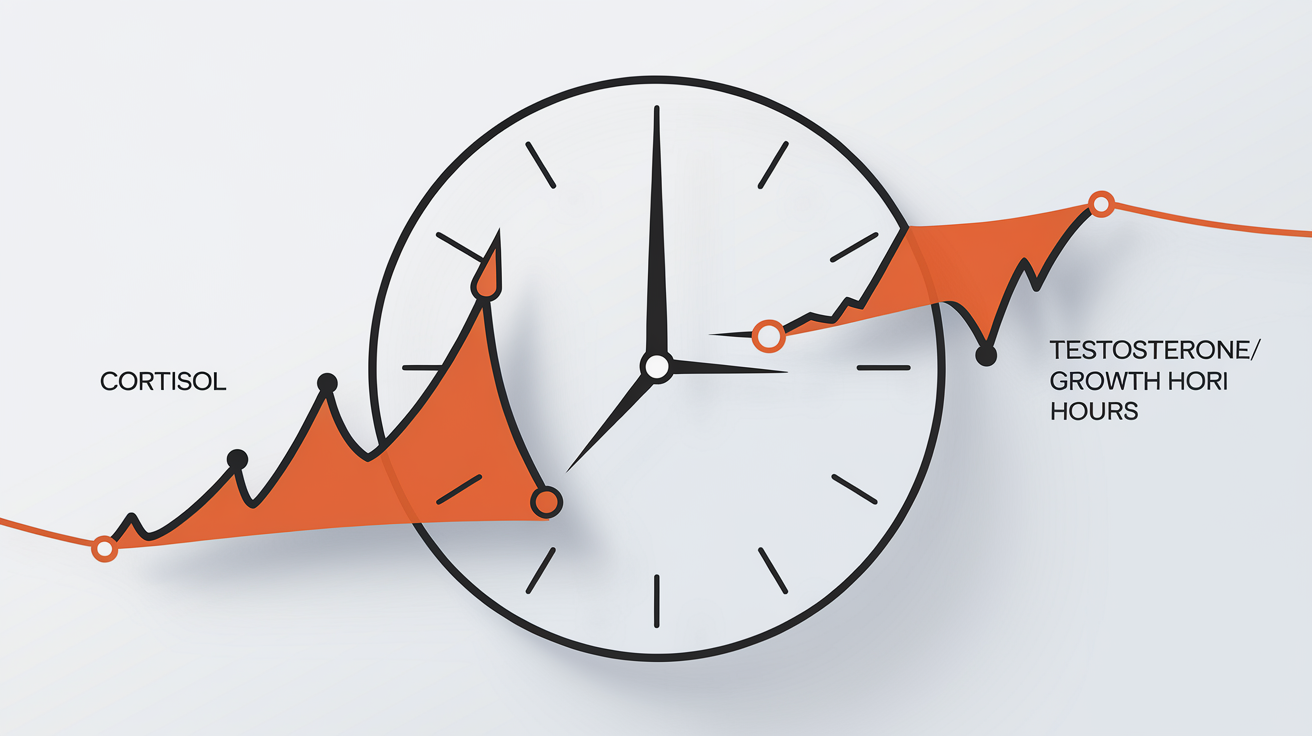 Graphique montrant montée du cortisol et chute de la testostérone/hormone de croissance sur fond d’horloge.