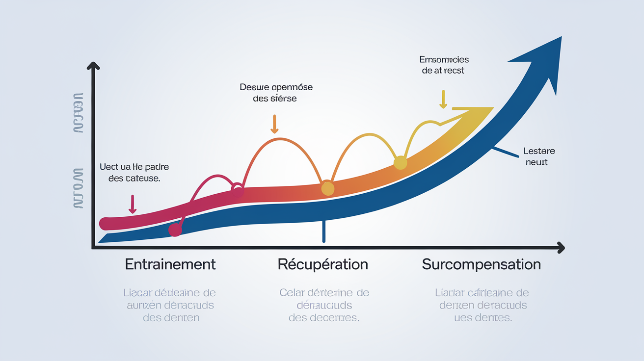 Graphique du principe de surcompensation en musculation, montrant comment le repos après un entraînement permet au muscle non seulement de récupérer, mais de devenir plus fort.