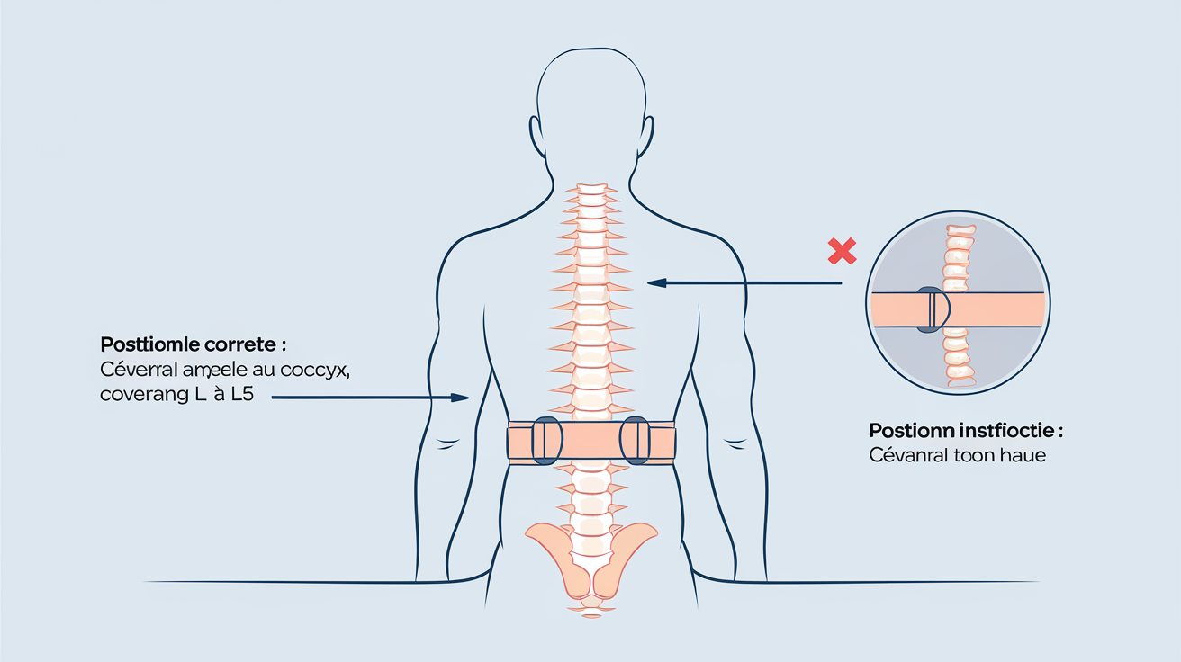 Positionnement correct d'une ceinture lombaire sur la colonne vertébrale couvrant L1-L5; mauvais exemple avec la ceinture trop haute.