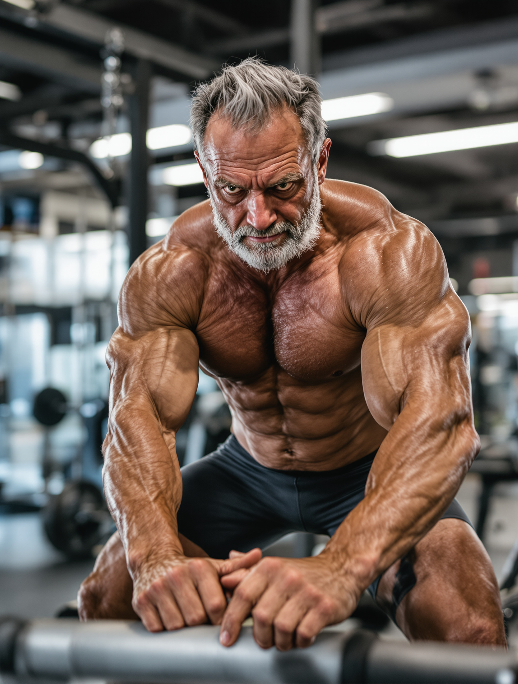 Pratiquant de musculation expérimenté, d'âge mûr, effectuant un exercice de mobilité et incarnant l'intelligence d'entraînement pour la longévité.