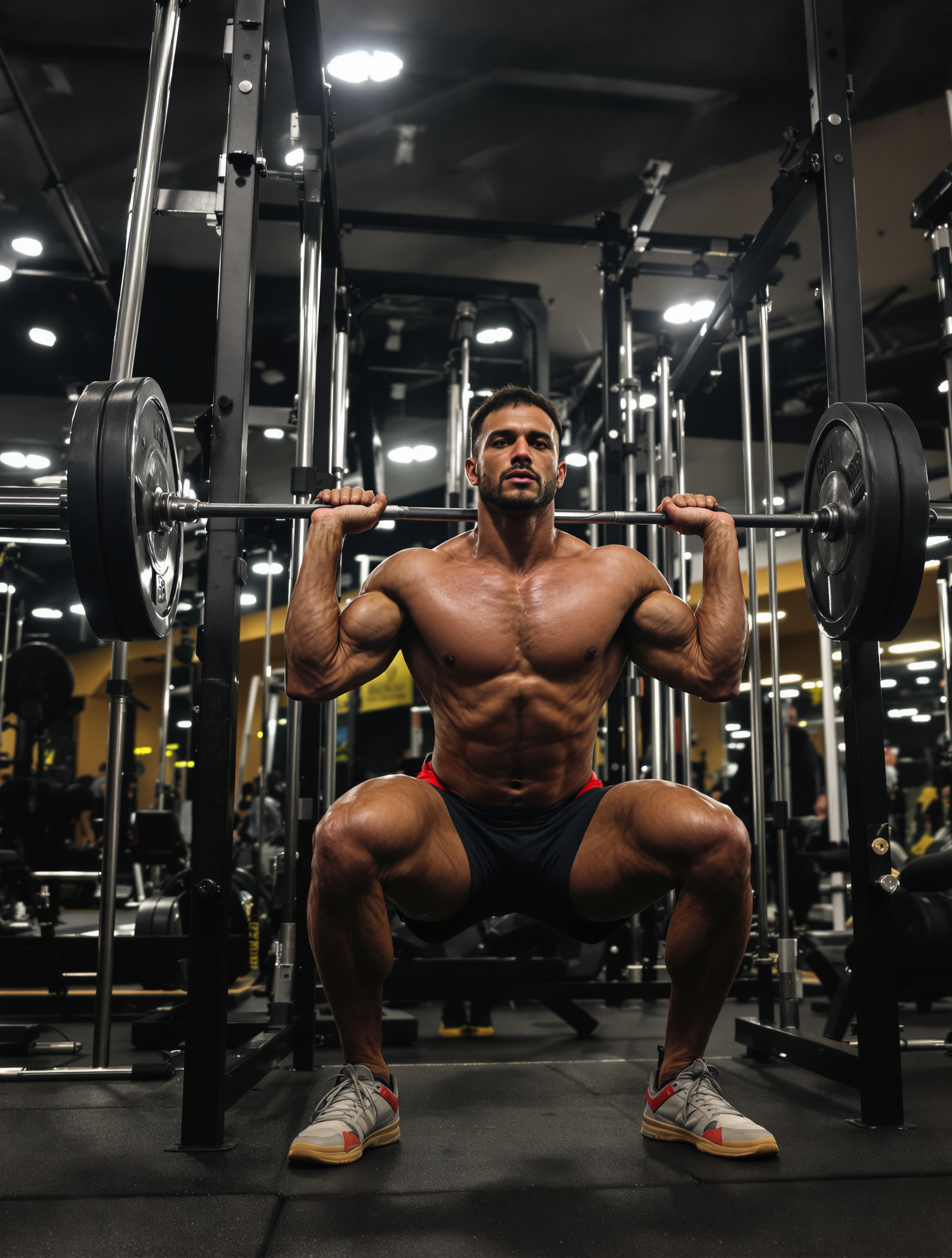 Exécution parfaite d'un squat polyarticulaire dans une salle par un ectomorphe motivé.