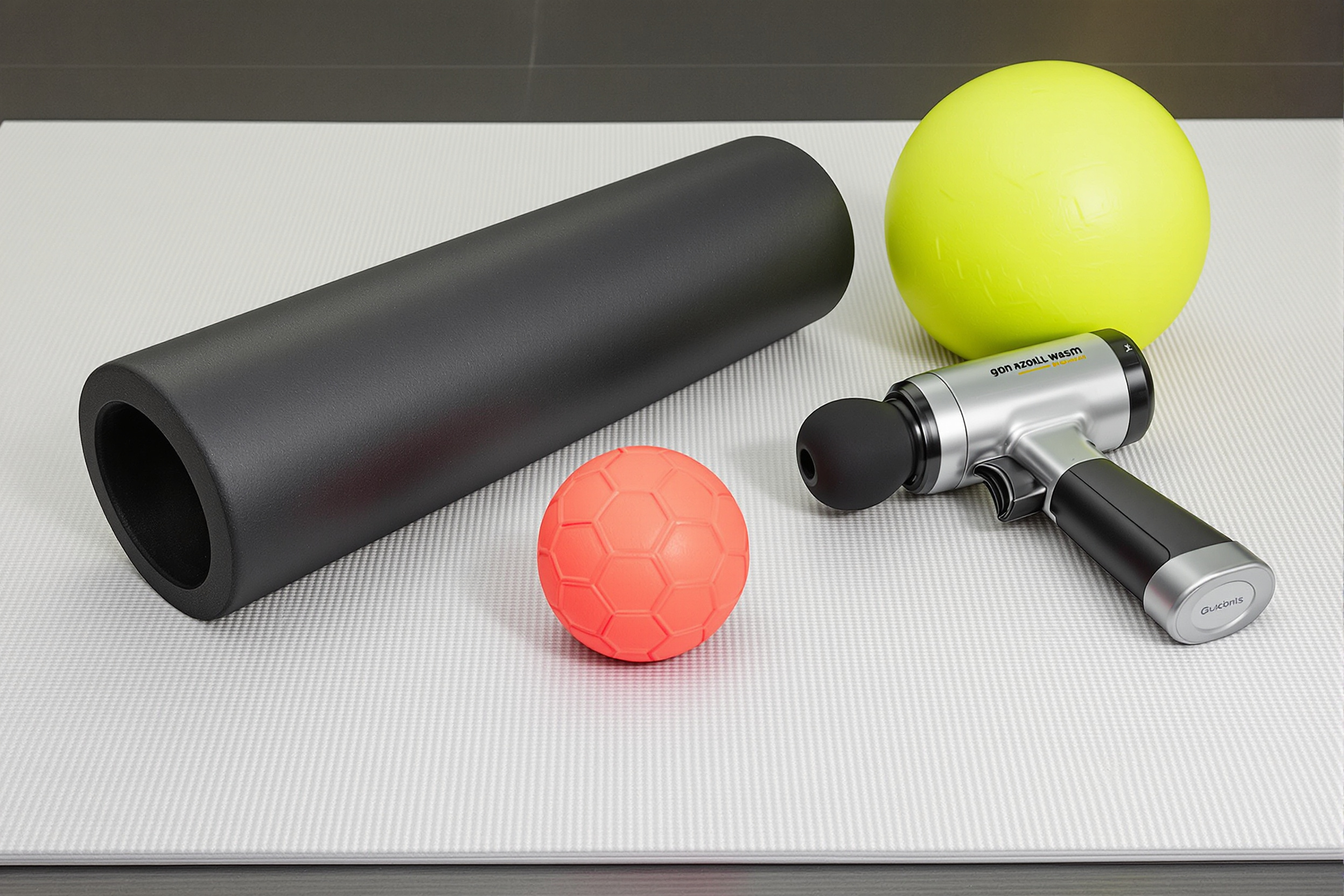 Outils d'auto-massage populaires : rouleau en mousse noir, balle type Lacrosse et pistolet de massage sur tapis de sport.