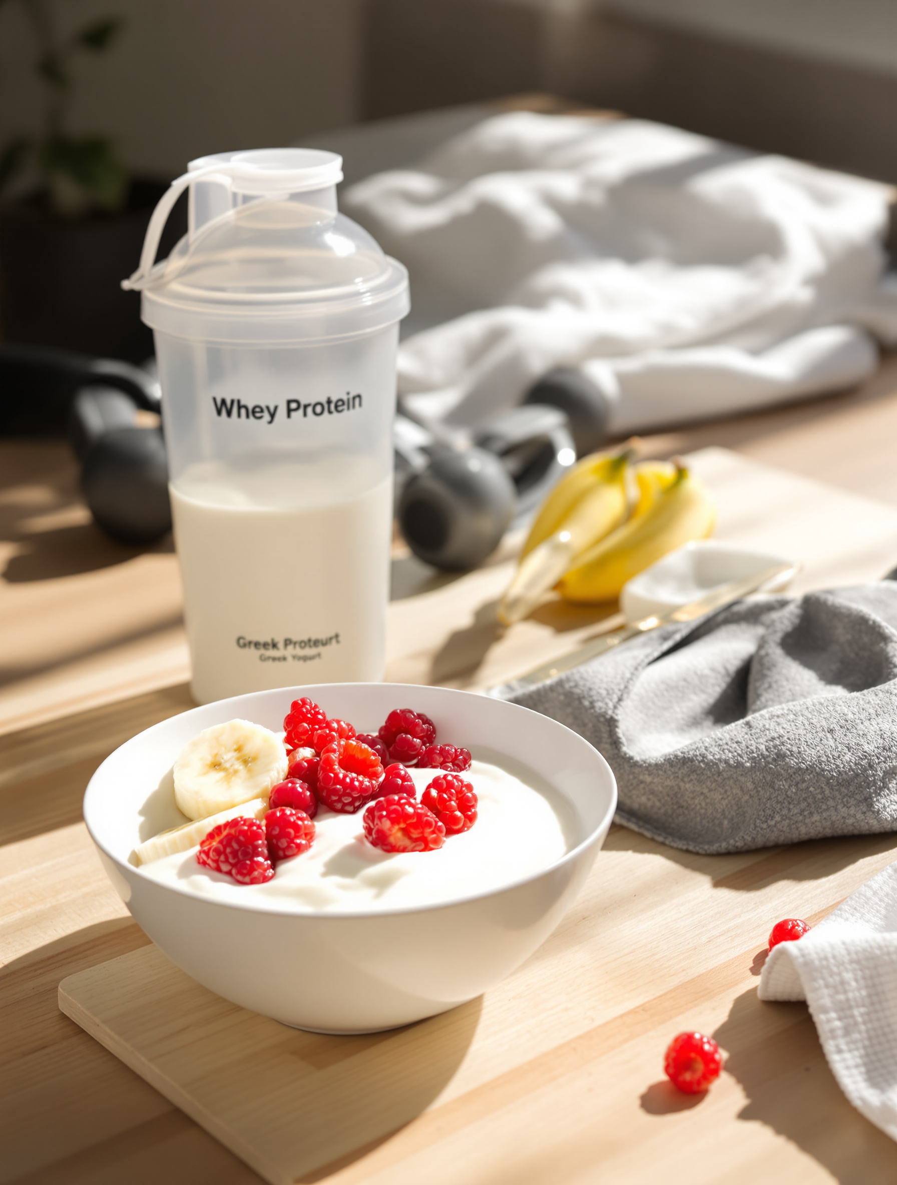 Collation post-entraînement simple : shaker de whey, bol de yaourt grec avec fruits rouges et banane