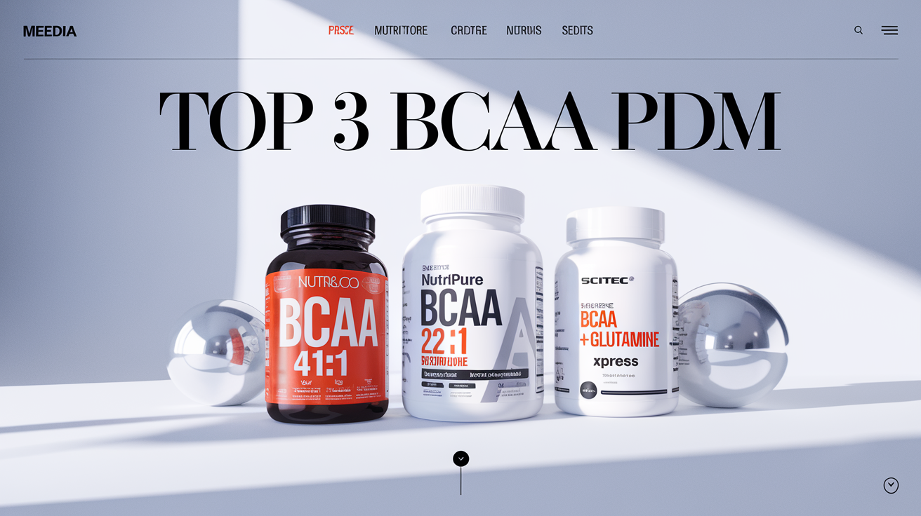 Montage présentant Nutri&Co BCAA 4:1:1, Nutripure 2:1:1 et Scitec Nutrition BCAA+Glutamine sur fond sobre.