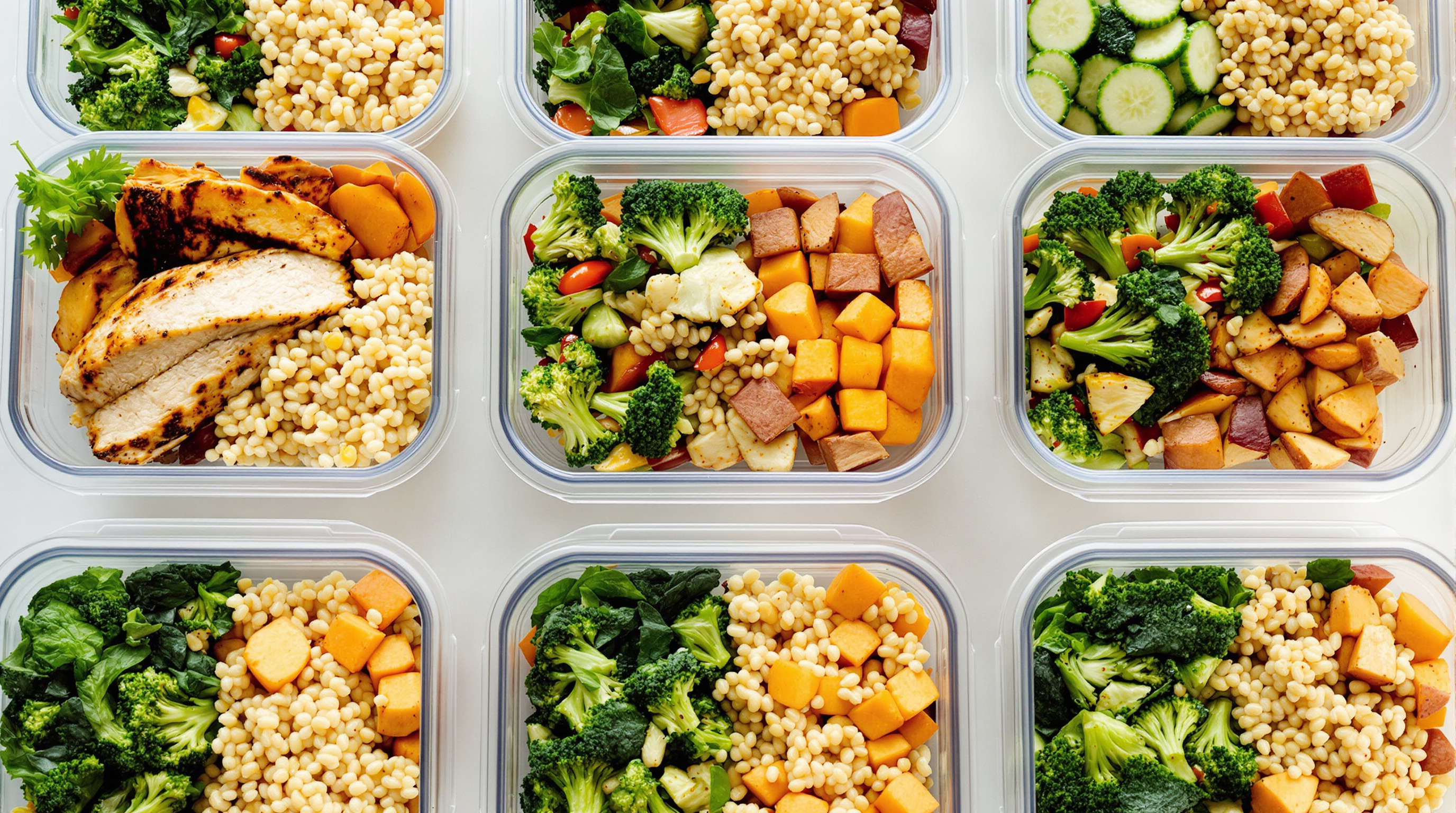 Batch cooking musculation : Tupperwares alignés avec repas variés et colorés, démontrant que la prise de masse ne rime pas avec monotonie.